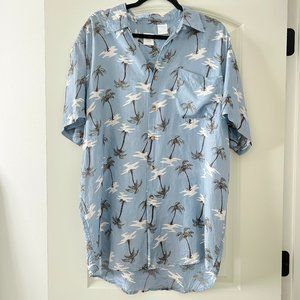 Vintage Bill Robinson 100% Silk Blue Palms Pattern Print Button Up Shirt L VTG